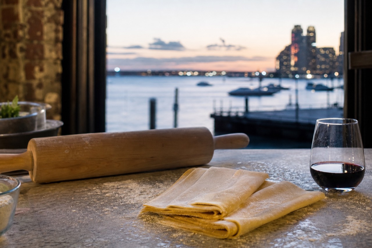 Marble counter dusted with flour, a wooden rolling pin, folded sheets of fresh egg pasta and a poured glass of red wine in warm afternoon light