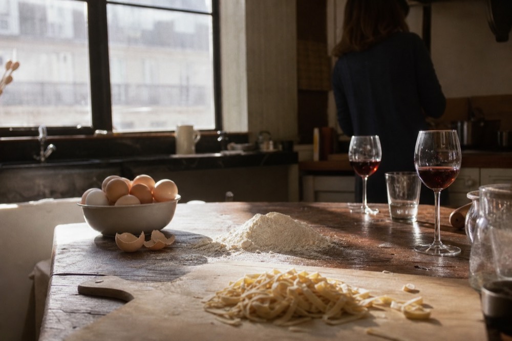 A home-style kitchen bench with eggs, a mound of flour, a wooden board and two glasses of wine, sunlight falling across the surface