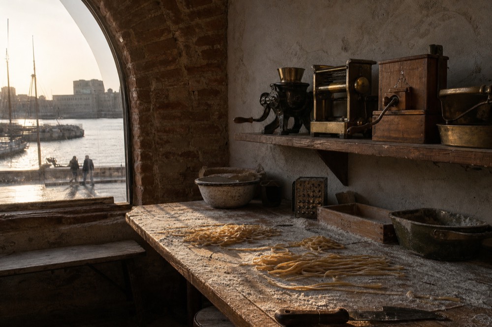Vaulted brick workshop in an old palace with antique brass pasta extruders on a shelf and a floured wooden work table below