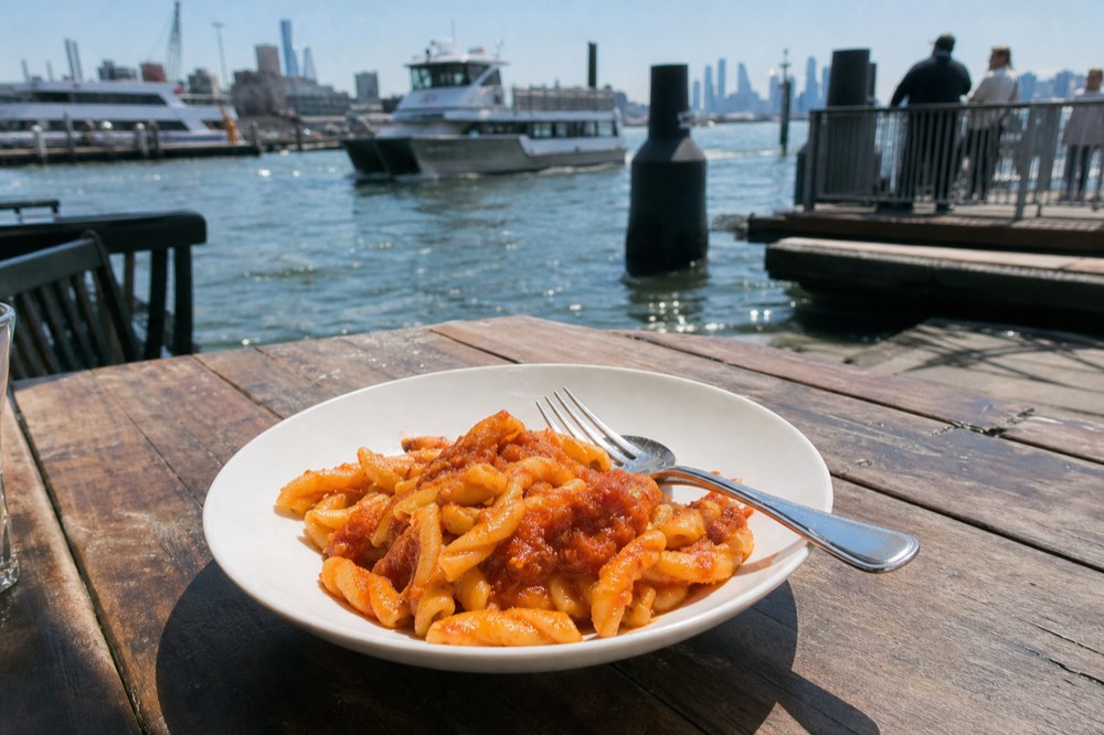 A plated bowl of short handmade pasta in a simple tomato sauce with a fork resting on the rim, shot from above on a rustic wooden table