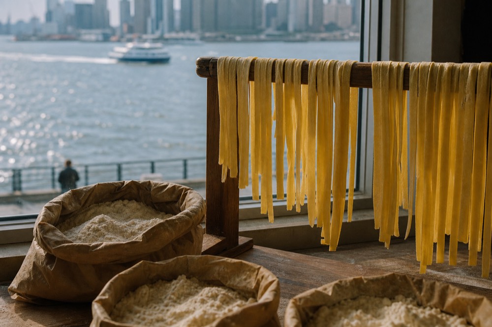 Fresh egg pasta ribbons draped over a wooden drying rack beside open sacks of pale flour
