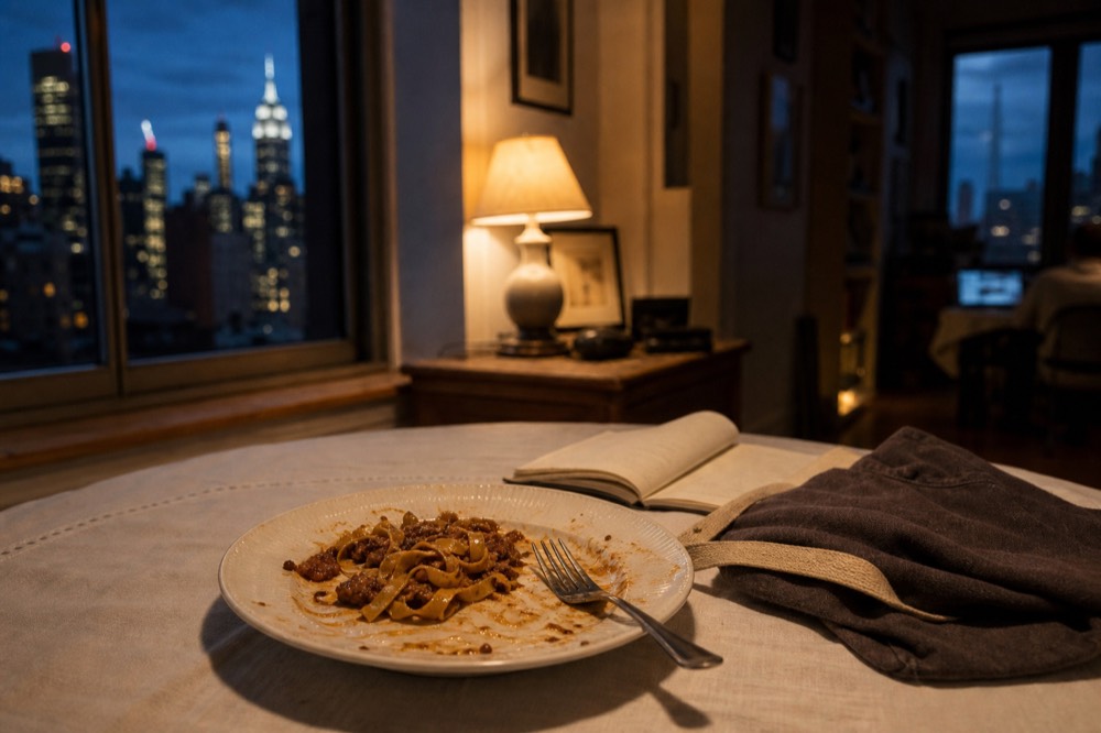 A finished plate of hand-cut tagliatelle with meat sauce beside a folded apron and a small recipe booklet on a linen tablecloth